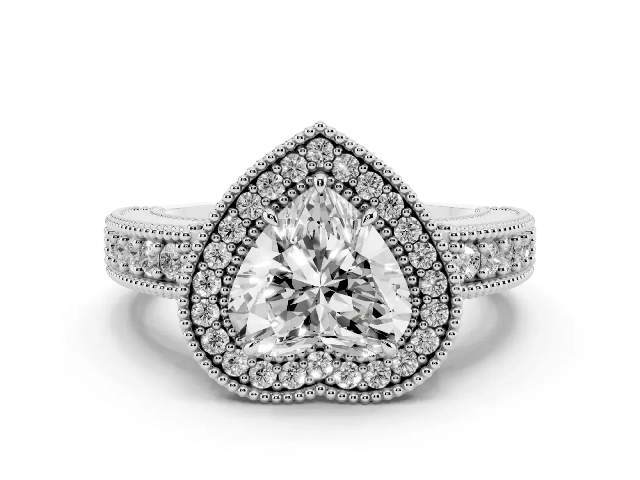Heart Cut Diamond Halo Ring Set in Silver with Round Accent Halo, Pavé Band and Prong Setting