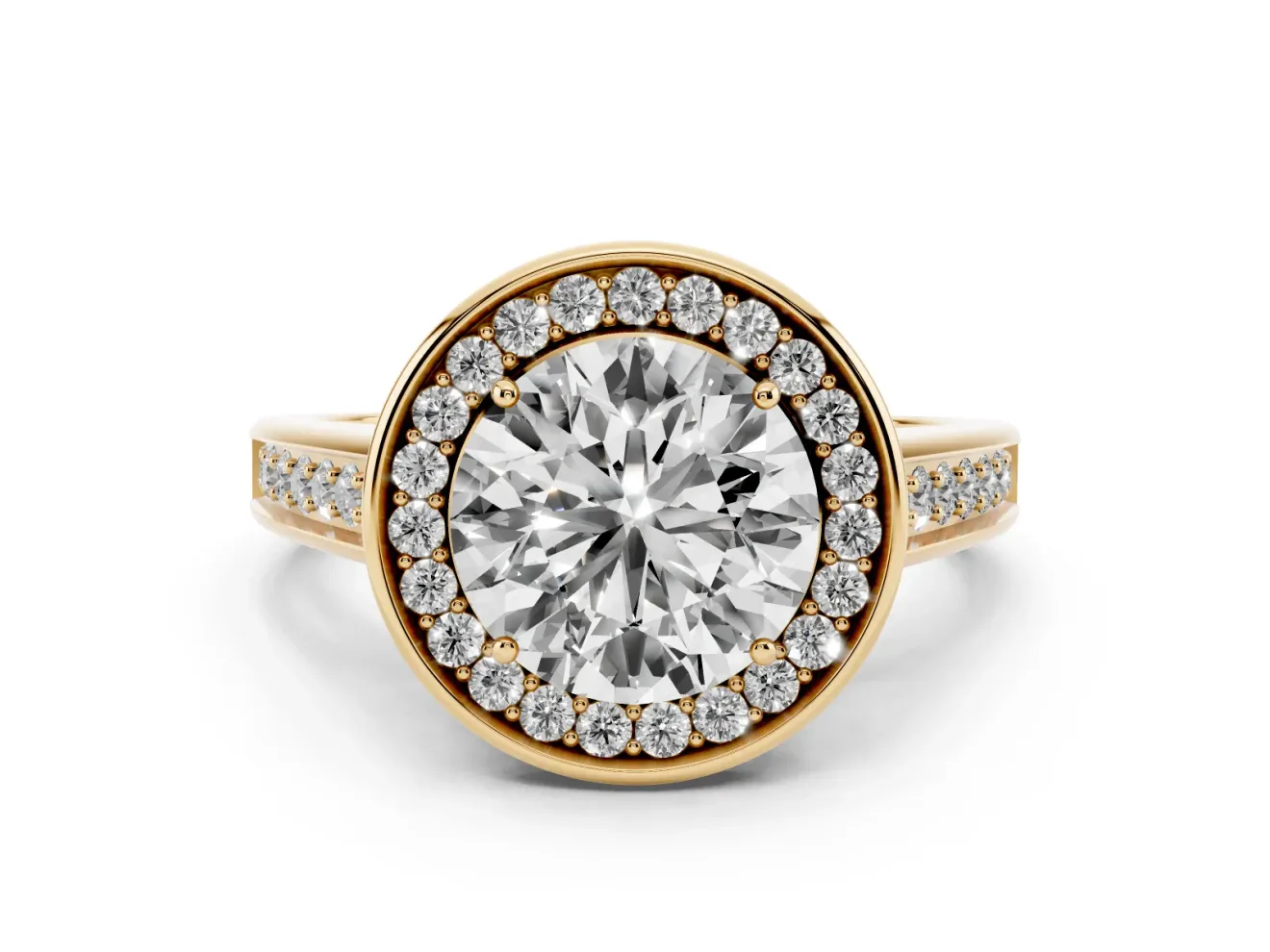 Round Cut Diamond Halo Solitaire Ring Set in Yellow gold with Pavé Band and Bezel Setting