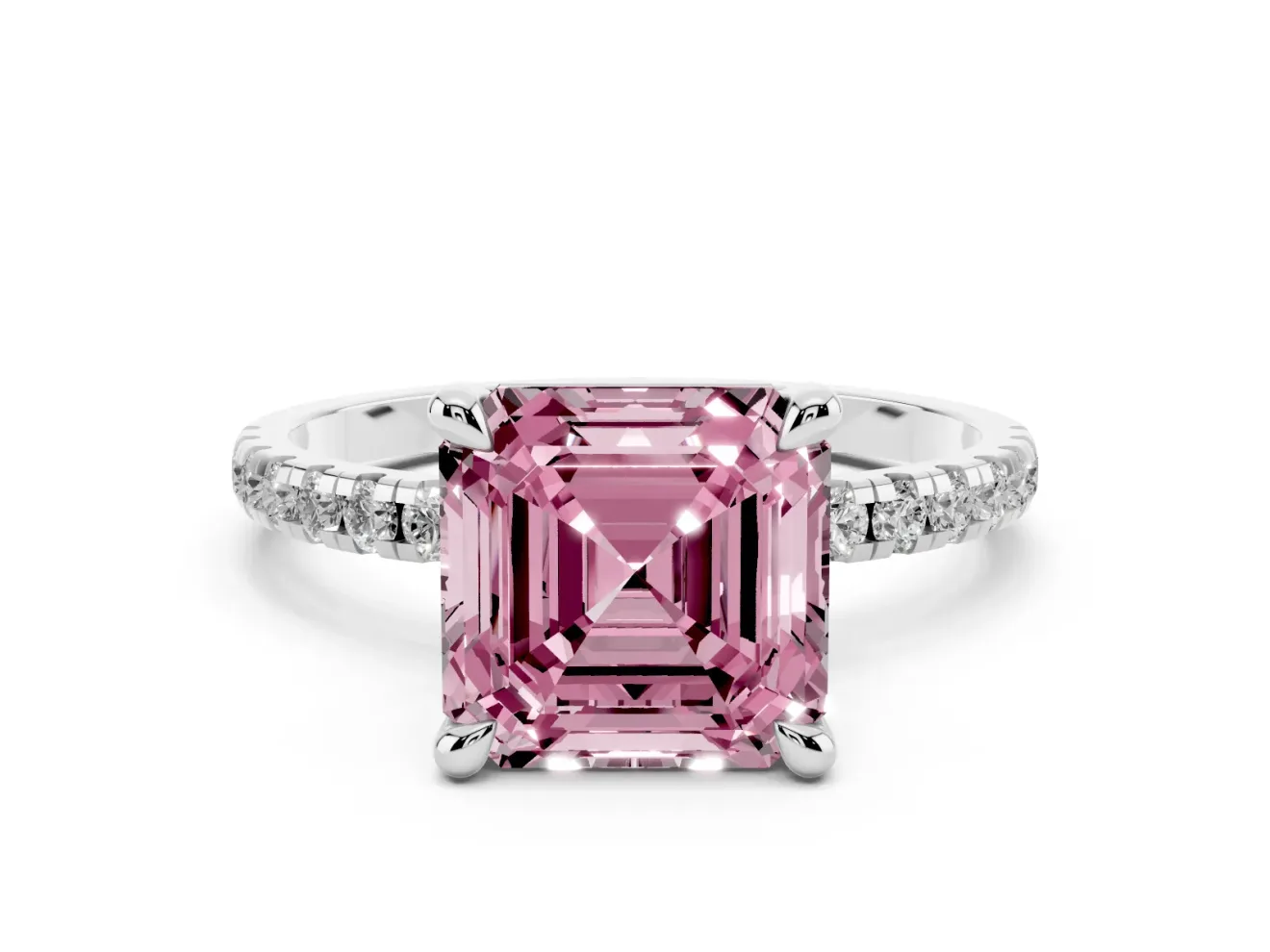 Fancy Pink Asscher Cut Diamond Brilliant Solitaire Ring Set in Platinum with Pavé Band and Prong Setting