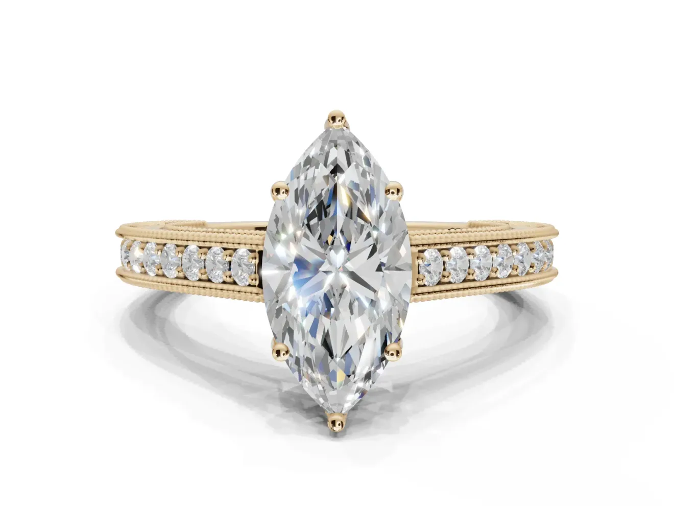Marquise Vintage Engraved Pavé Engagement Ring Setting | Milgrain Edges | Yellow Gold