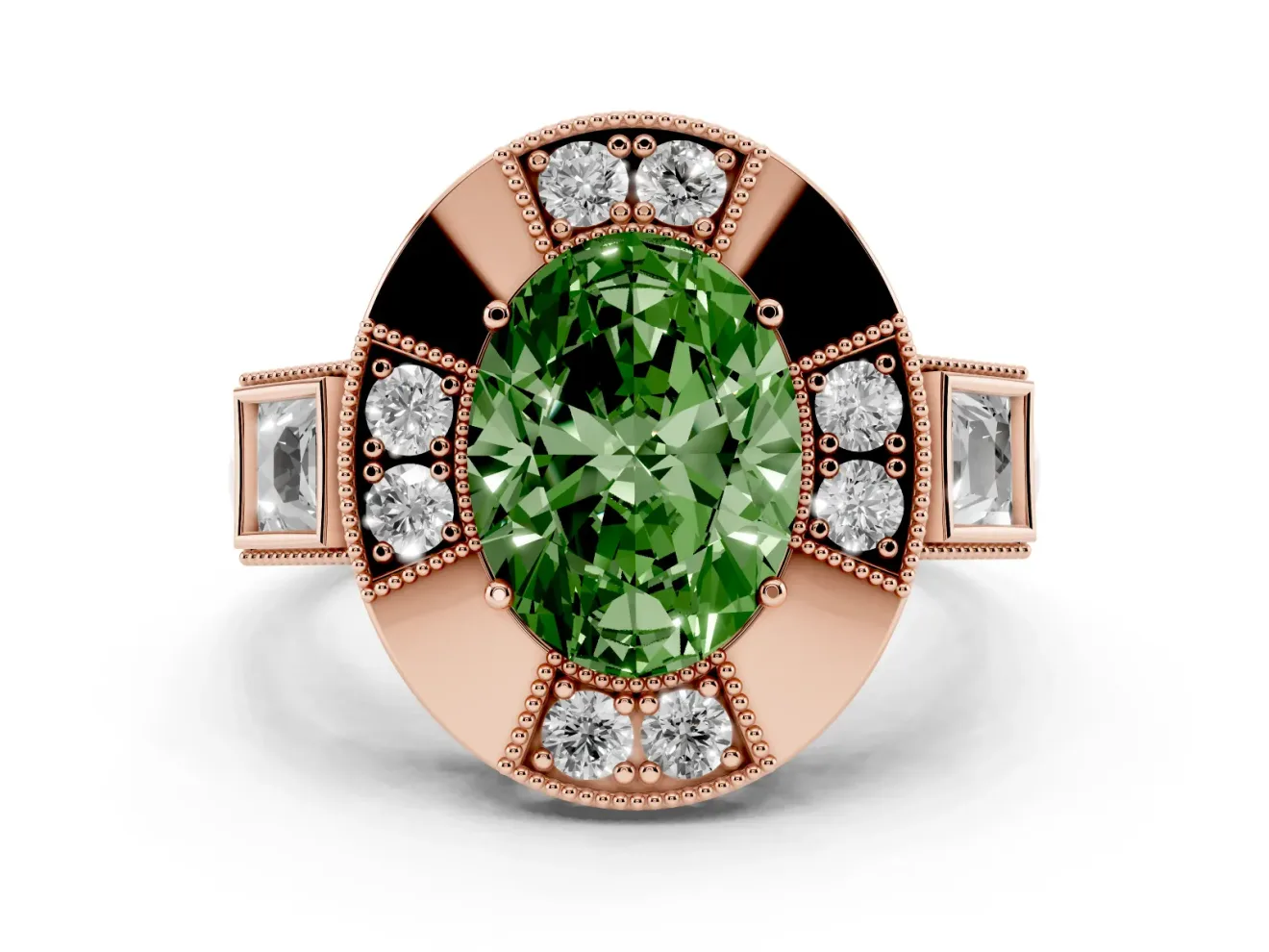Fancy Green Oval Cut Diamond Milgrain Halo Ring Set in Rose gold with Split Shank