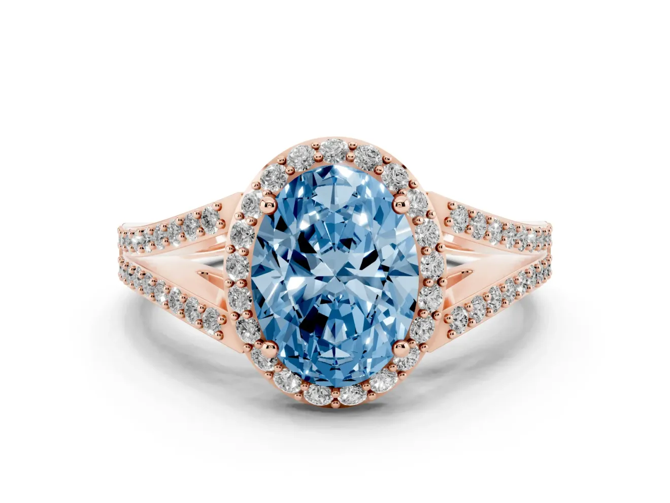 Oval Halo Engagement Ring Setting for a Fancy Blue Lab-Grown Diamond | V-Split Pavé Band | Rose Gold