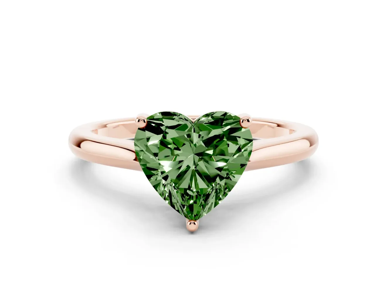 Fancy Green Heart Cut Diamond Solitaire Ring Set in Rose gold with Cathedral Band and Prong Setting