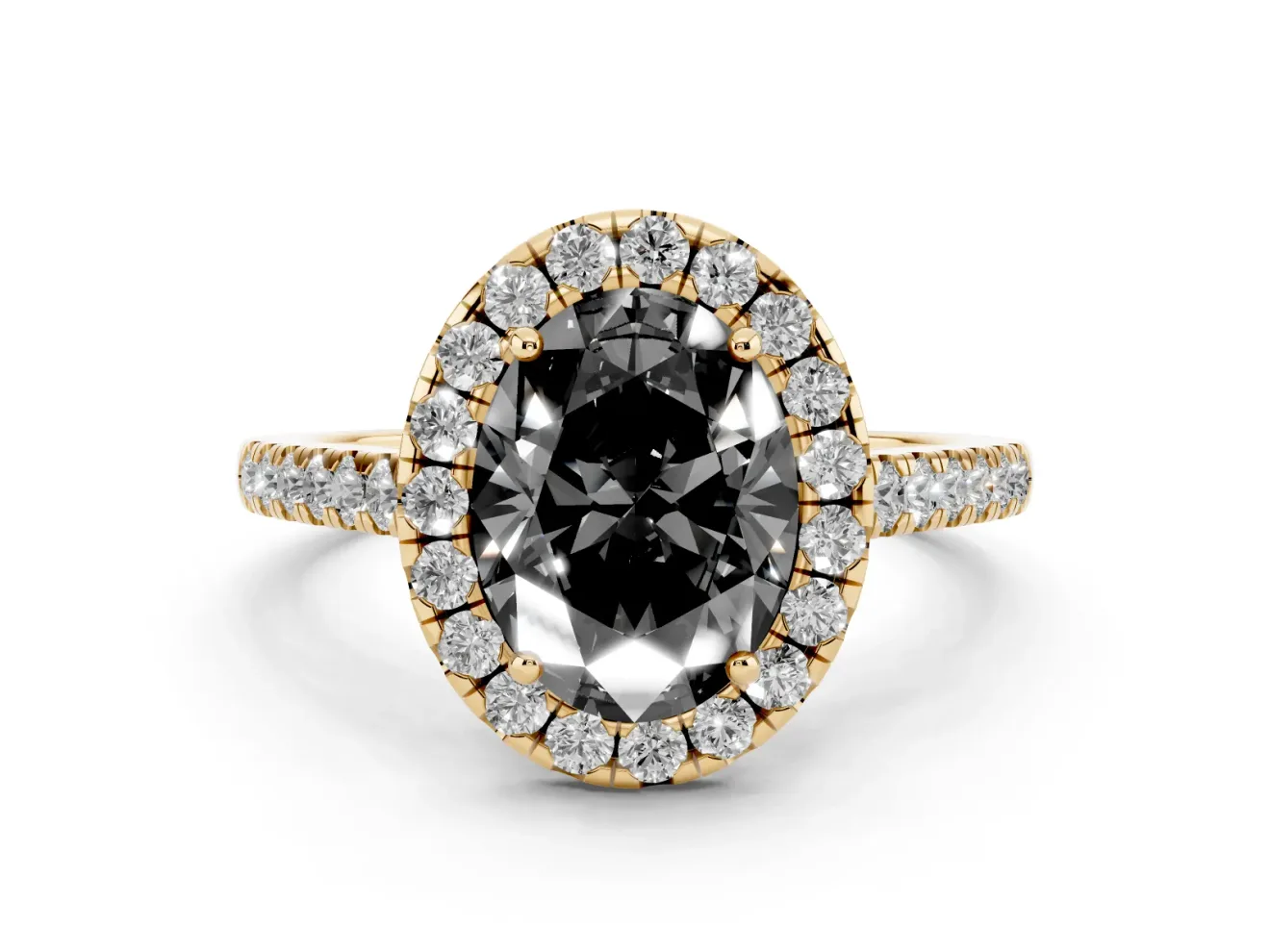 Oval Halo Engagement Ring Setting for a Black Center | Pavé Shoulders | Yellow Gold