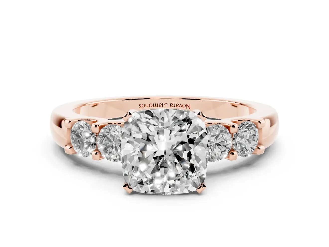 Cushion Cut Diamond Five-Stone Prong Set Engagement Ring Set in Rose gold with Channel Band