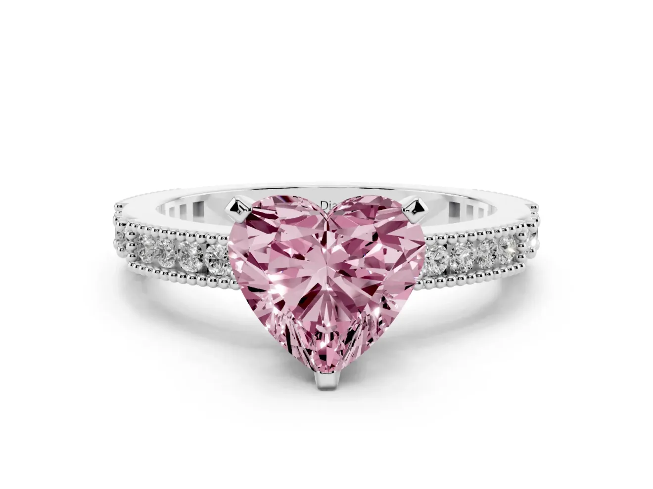 Fancy Pink Heart Cut Diamond Solitaire Ring Set in Platinum with Slim Pavé Band and Prong Setting