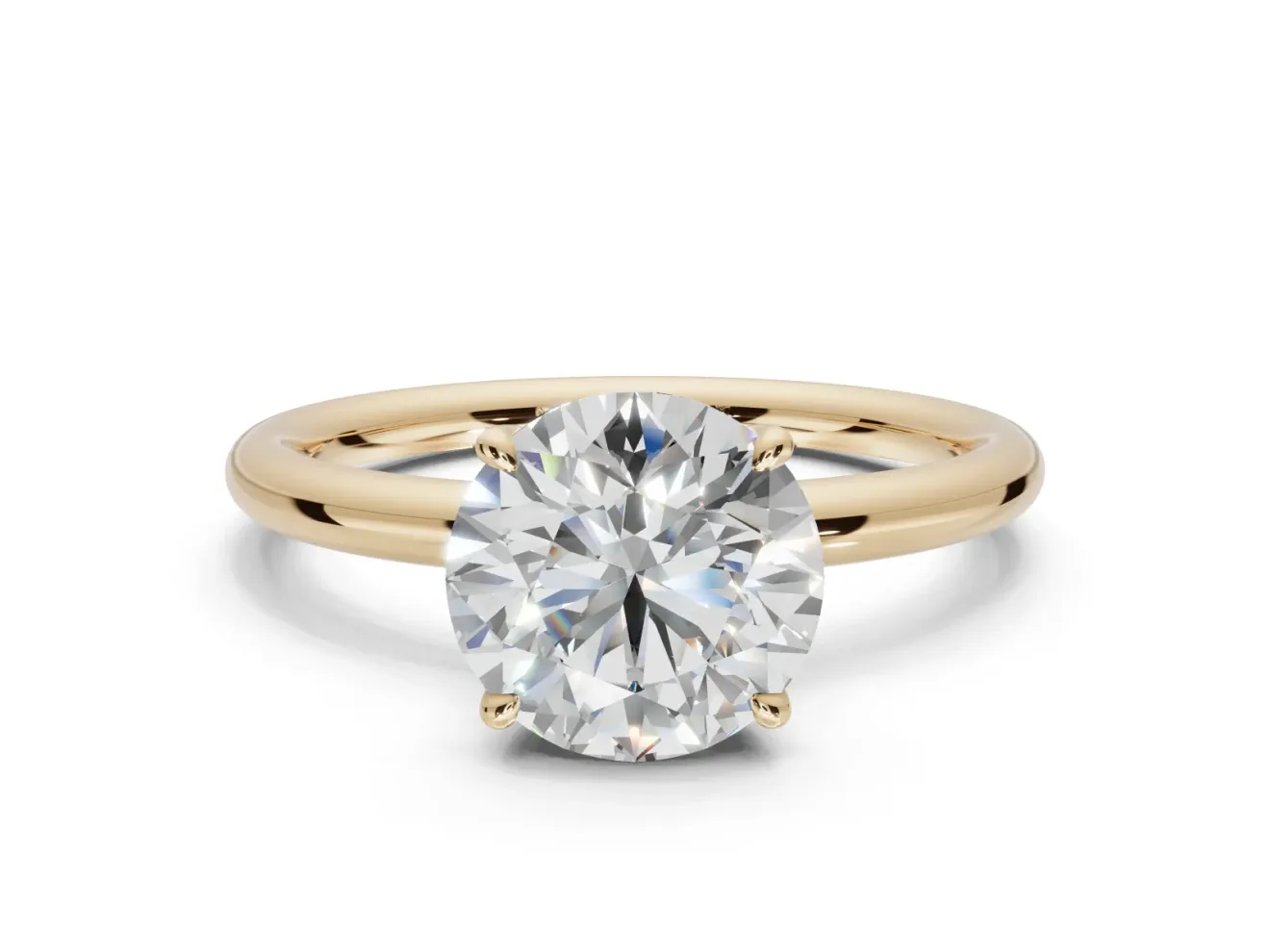 Round Hidden Halo Engagement Ring Setting | Thin Plain Band | Yellow Gold
