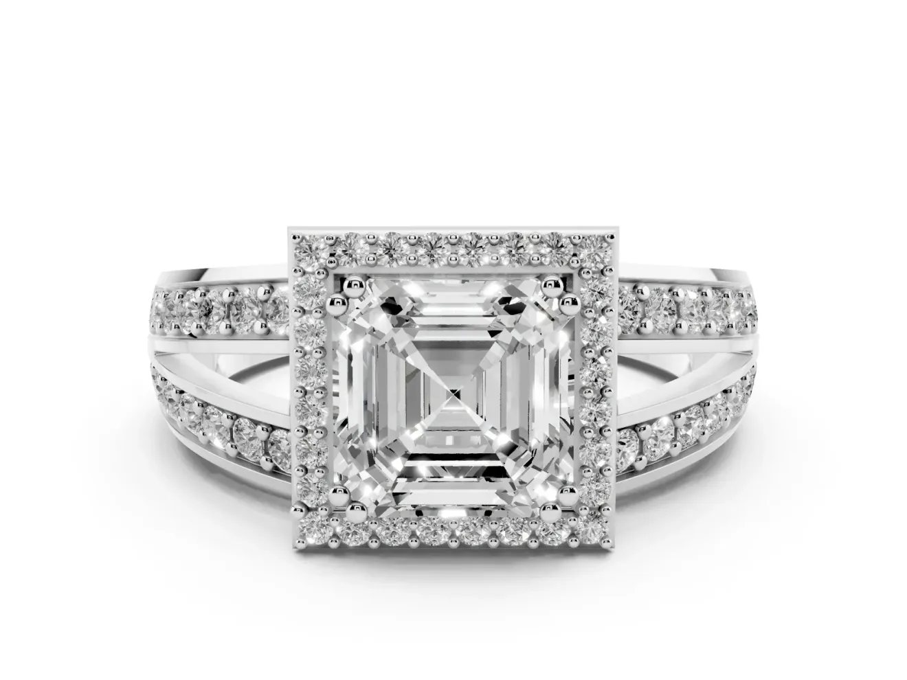 Asscher Cut Halo Engagement Ring Setting | Two-Row Pave Split Shank | Platinum