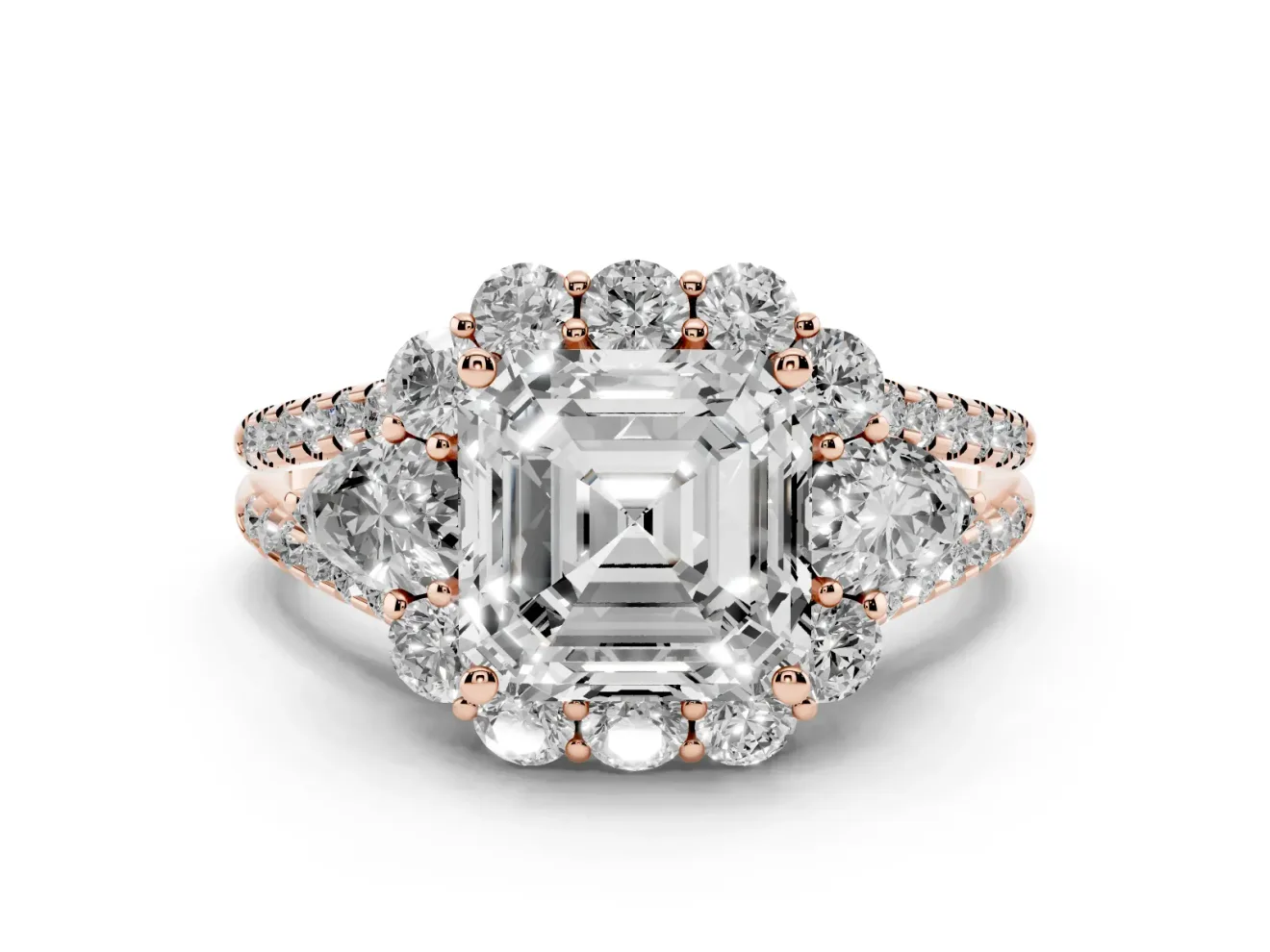 Asscher Cut Scalloped Halo Engagement Ring Setting | Pear Side Stones | Rose Gold