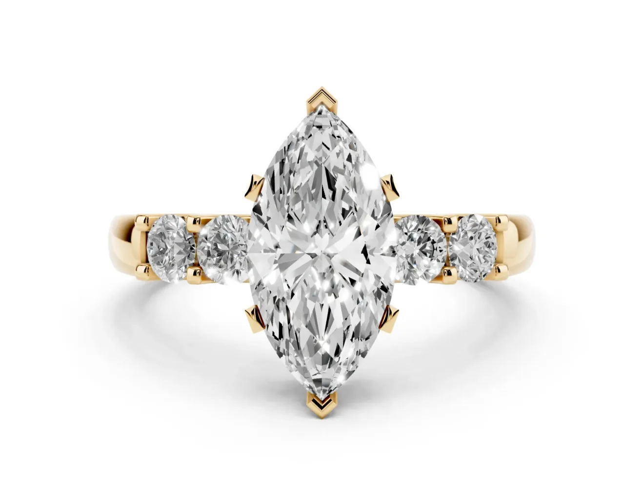 Marquise Cut Diamond Five-Stone Prong Set Engagement Ring Set in Yellow gold with Channel Band