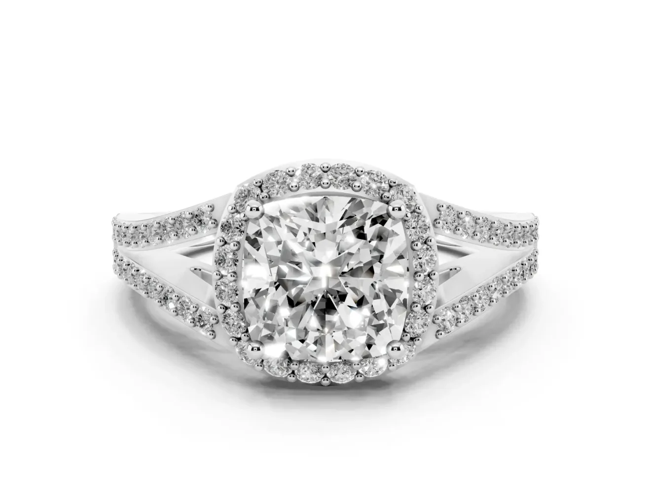 Cushion Cut Halo Engagement Ring Setting | V-Split Pavé Band | Platinum