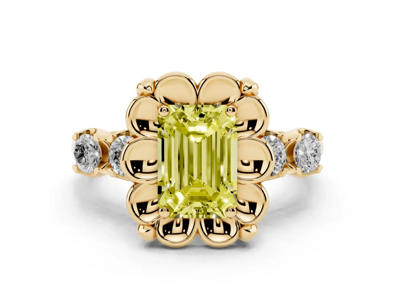 Emerald Cut Floral Engagement Ring Setting for a Fancy Yellow Lab-Grown Diamond | Petal Frame | Yellow Gold