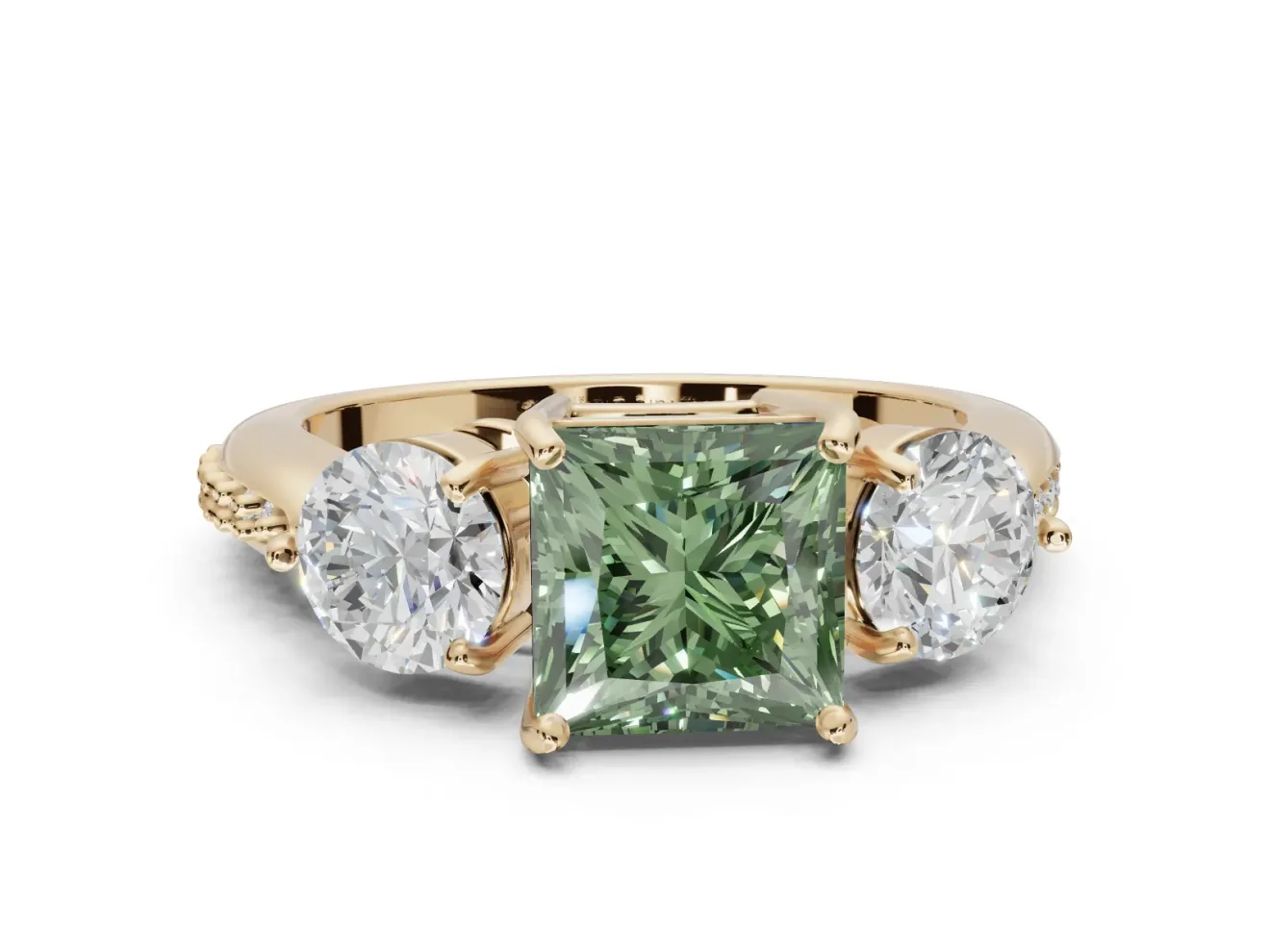 Princess Cut Three Stone Engagement Ring Setting for a Fancy Green Lab-Grown Diamond | Tapered Pave Band | Yellow Gold