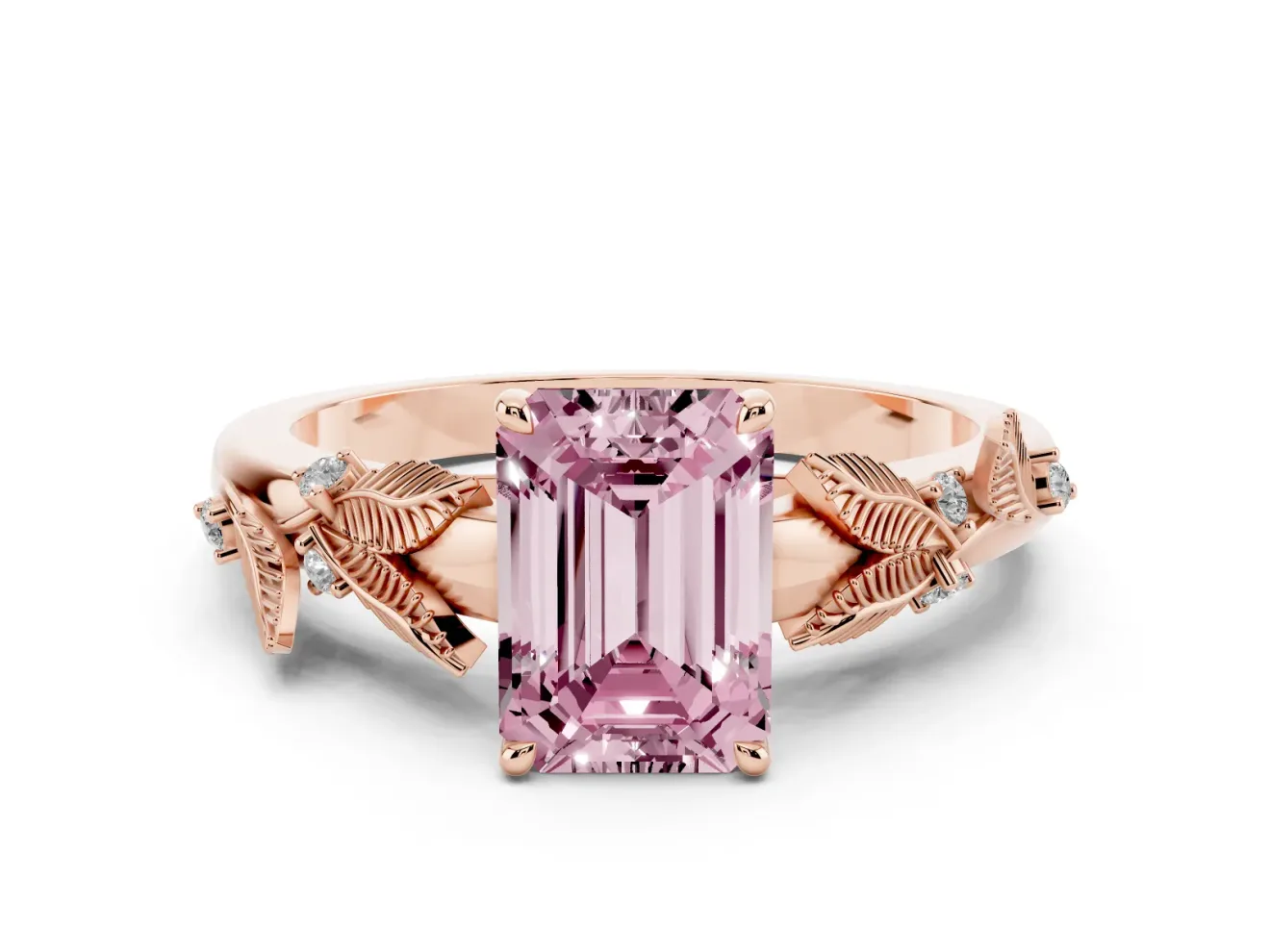 Emerald Cut Leaf Solitaire Engagement Ring Setting for a Fancy Pink Lab-Grown Diamond | Rose Gold