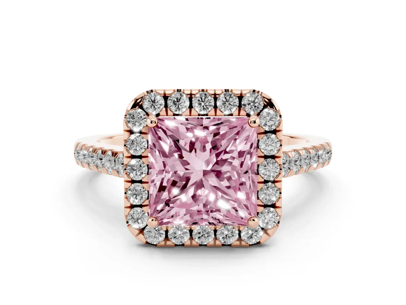 Princess Cut Halo Engagement Ring Setting for a Fancy Pink Lab-Grown Diamond | Pave Shoulders | Rose Gold