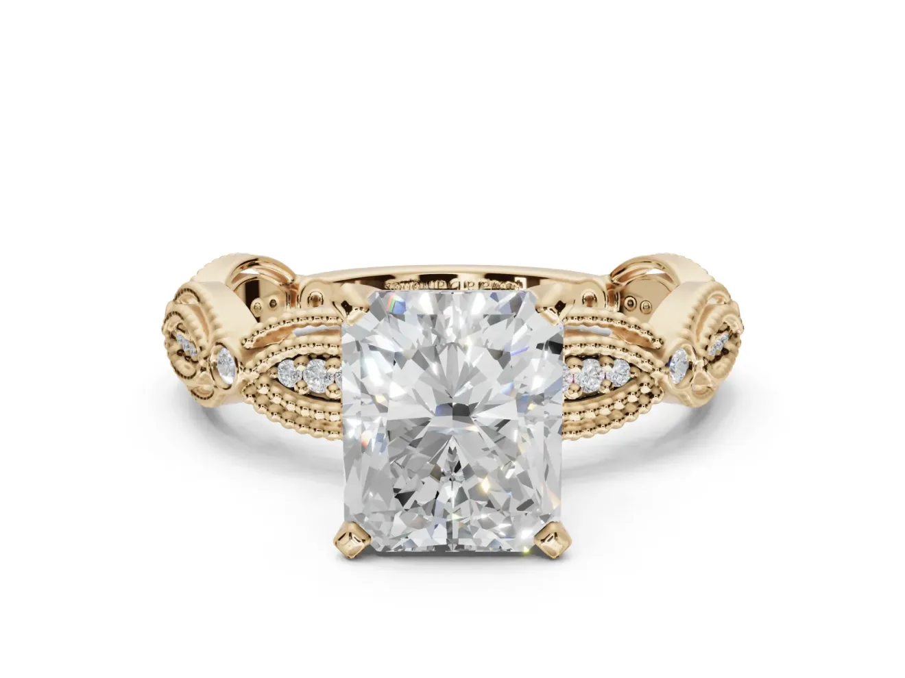 Radiant Cut Vintage Milgrain Engagement Ring Setting | Graduated Stations | Yellow Gold