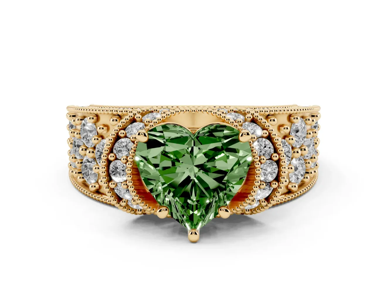 Heart-Shaped Vintage Pave Engagement Ring Setting for a Fancy Green Lab-Grown Diamond | Milgrain Edges | Yellow Gold