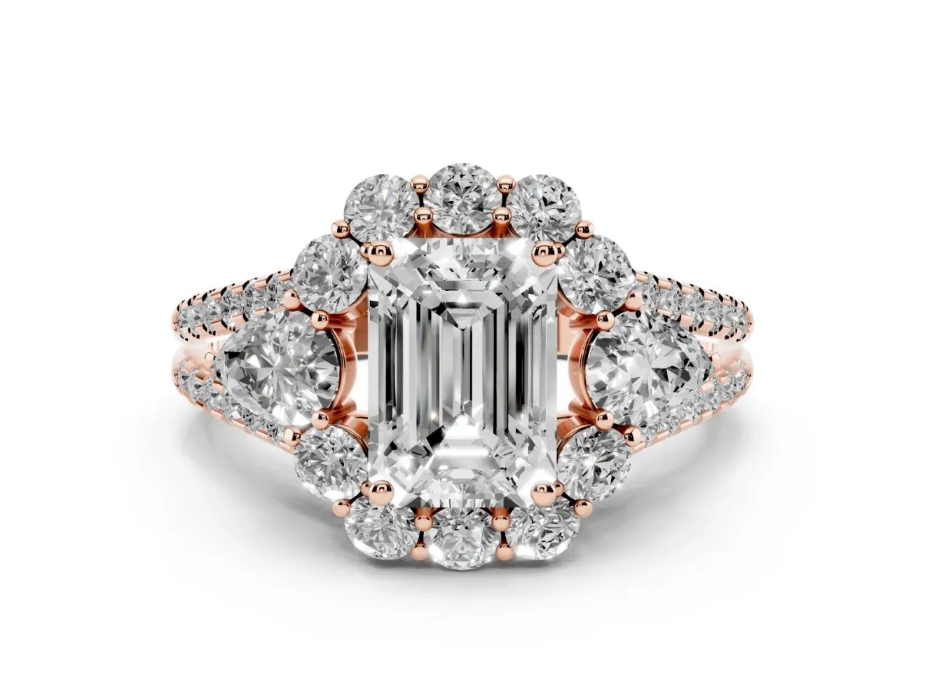 Emerald Cut Scalloped Halo Engagement Ring Setting | Pear Side Stones | Rose Gold