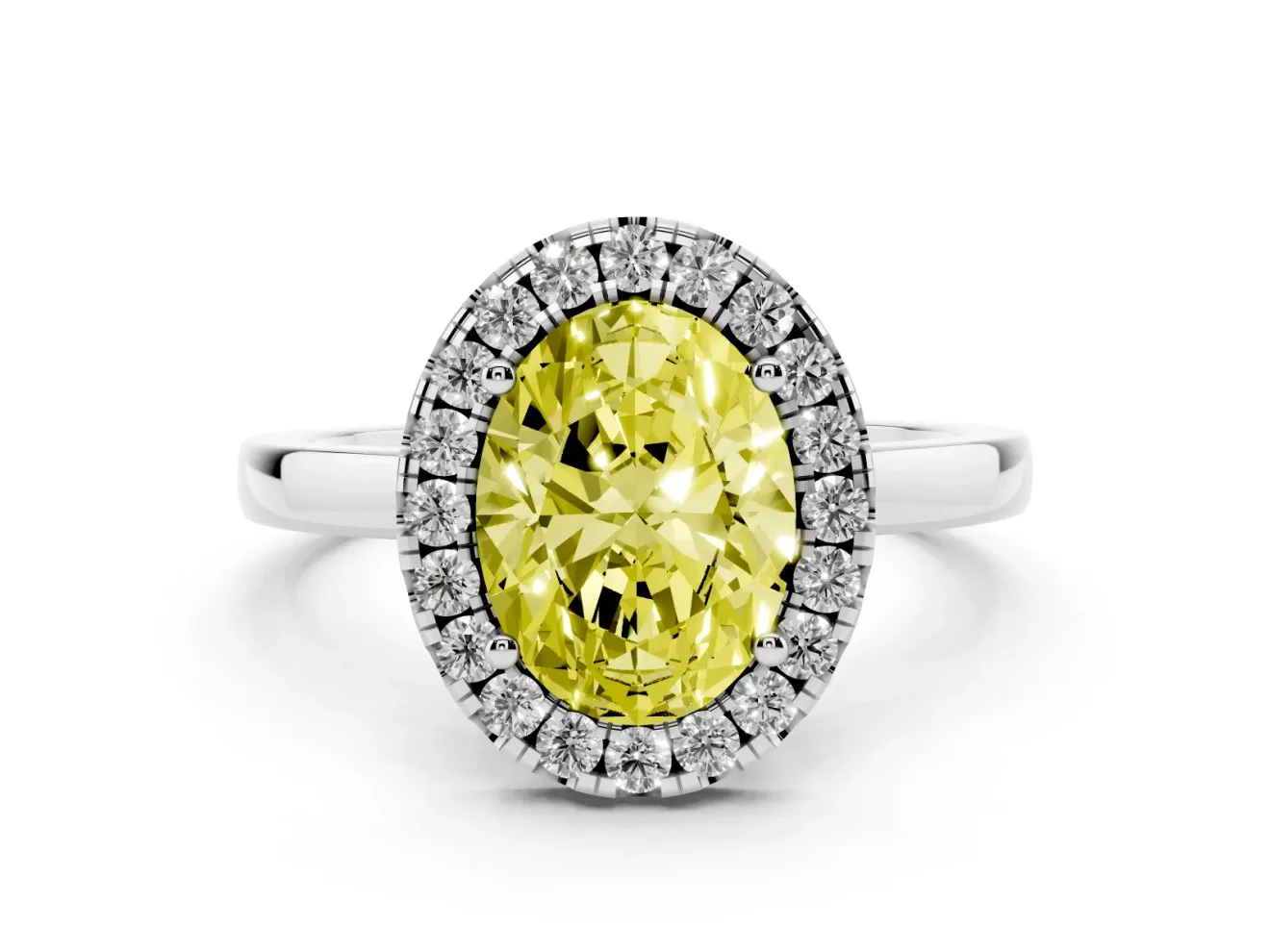 Fancy Yellow Oval Cut Diamond Halo Solitaire Ring Set in White gold with Pavé Band and Prong Setting