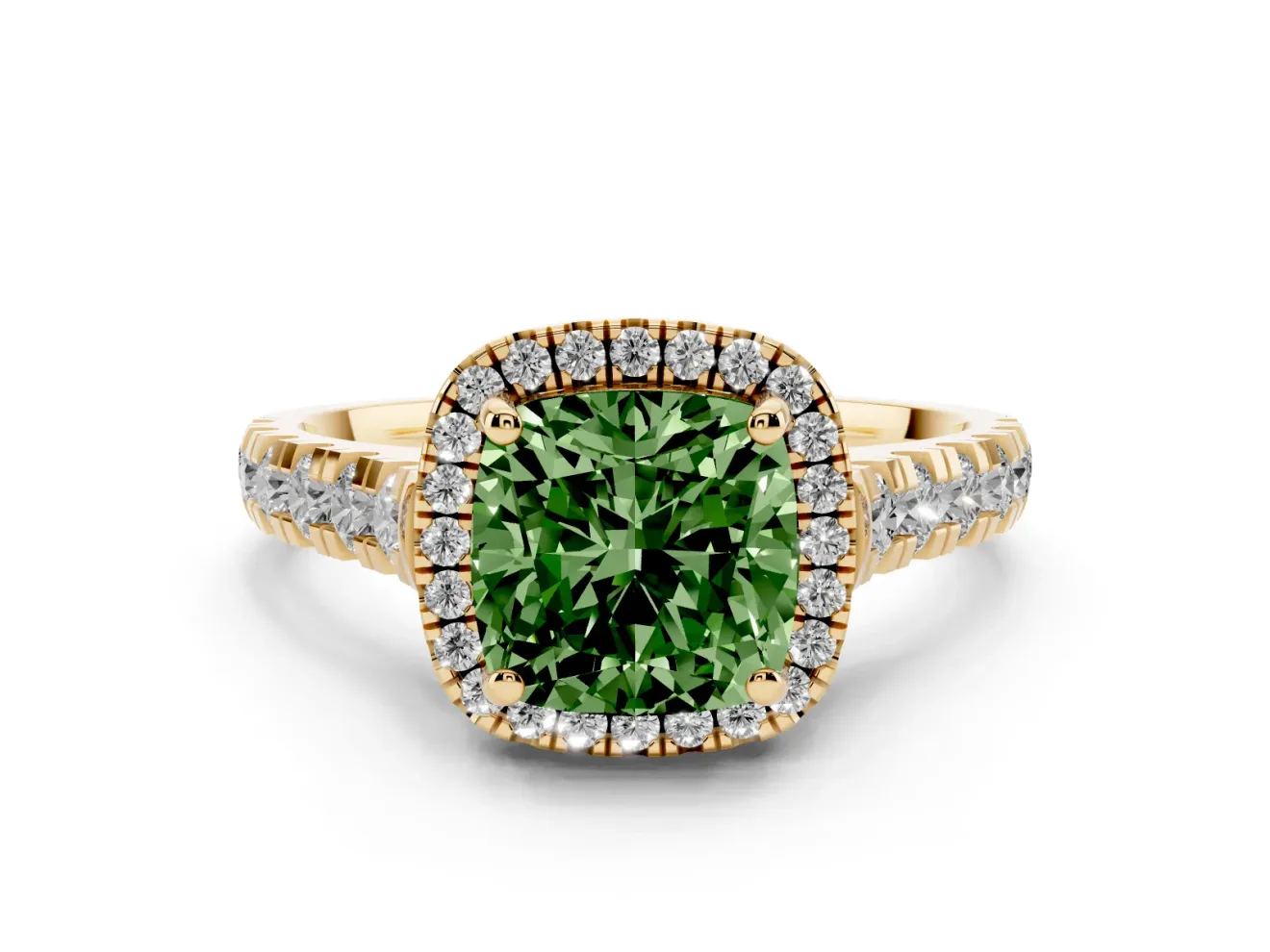Cushion Cut Accented Halo Engagement Ring Setting for a Fancy Green Lab-Grown Diamond | Yellow Gold