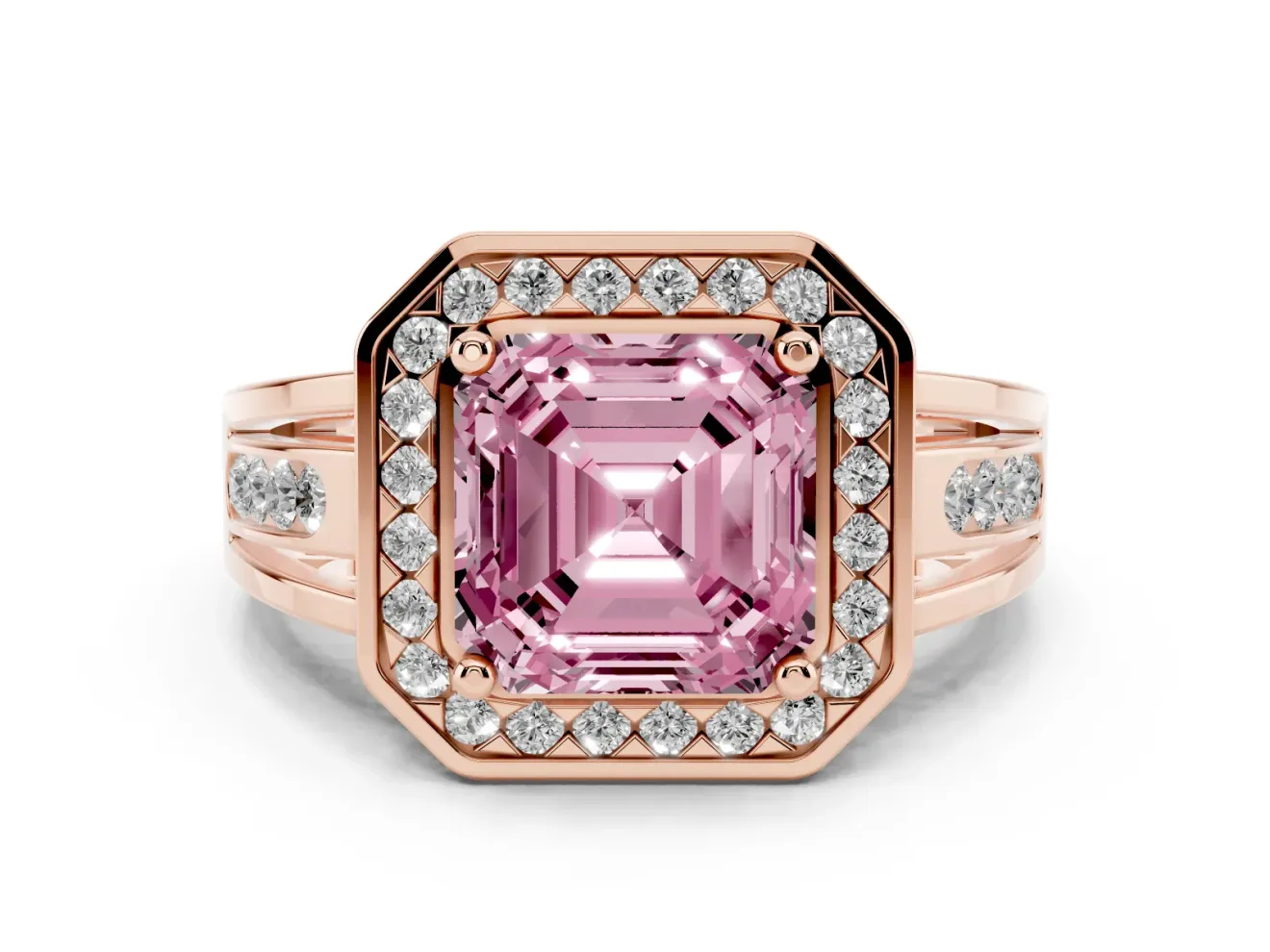 Asscher Cut Halo Engagement Ring Setting for a Fancy Pink Lab-Grown Diamond | Channel-Set Split Shank | Rose Gold