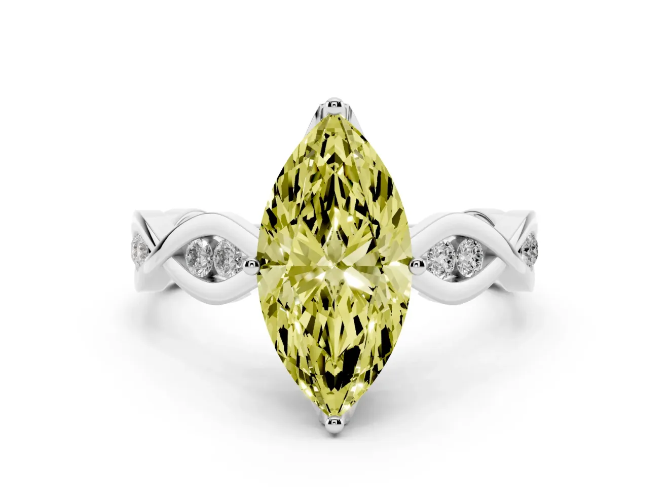 Fancy Yellow Marquise Cut Diamond Twist Band Solitaire Ring Set in White gold with Leaf Prong Setting and Accent Stones