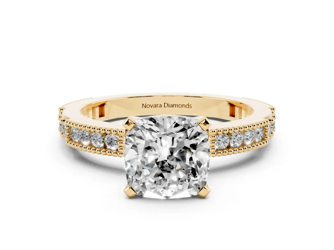 Cushion Cut Vintage Pavé Solitaire Engagement Ring Setting | Milgrain Edges | Yellow Gold