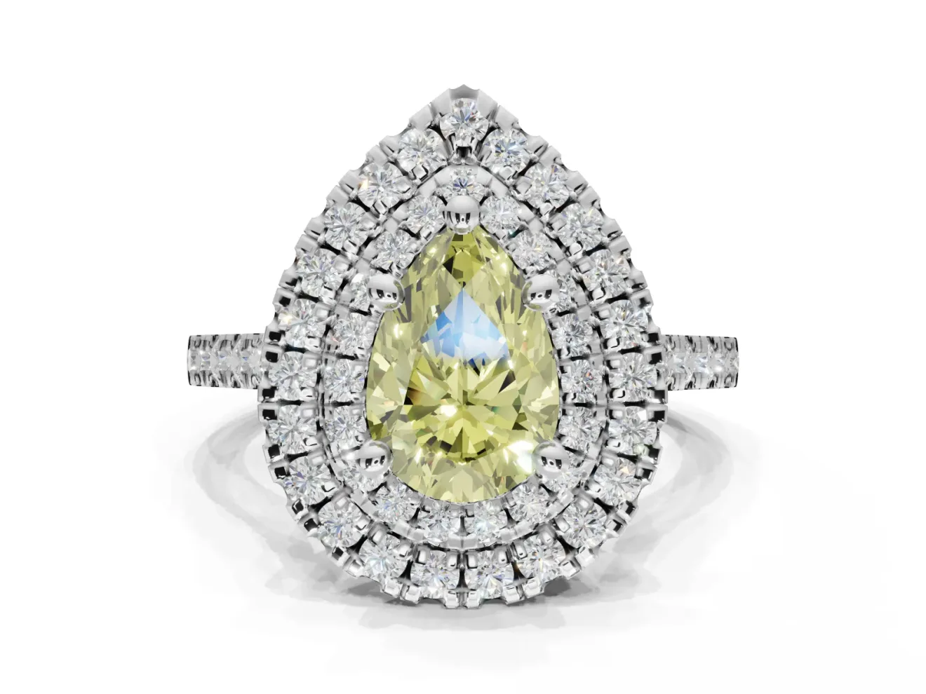 Canary Yellow Pear-Shaped Lab-Grown Diamond Double Halo Statement Ring Set in White Gold with Pavé Band