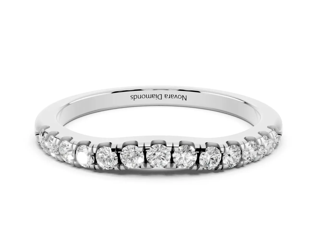 Round Diamond Curved Eternity Band Set in White gold with Pavé Shared Prongs