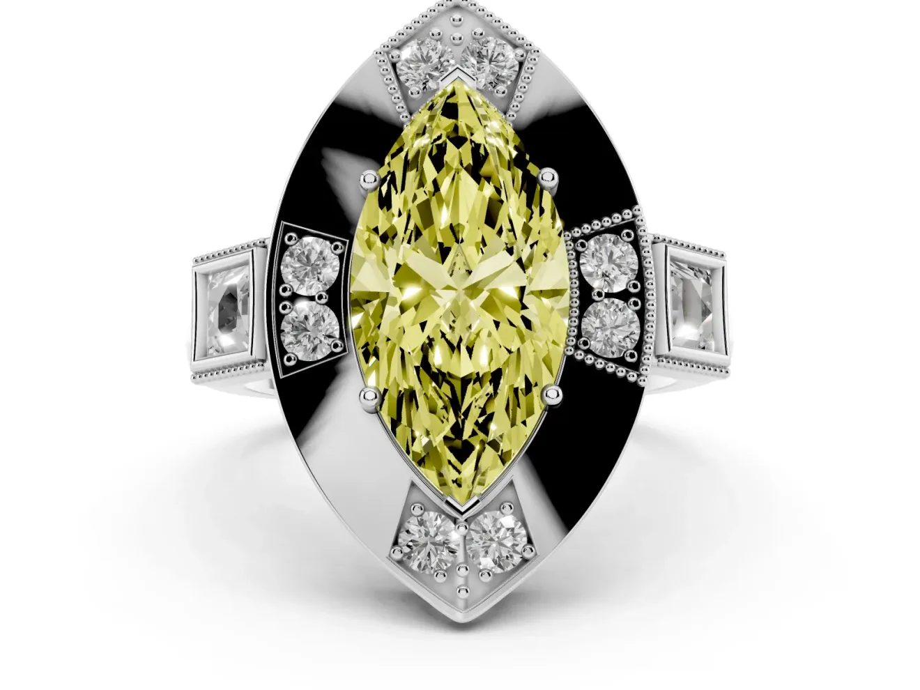 Fancy Yellow Marquise Cut Diamond Milgrain Halo Ring Set in Platinum with Split Shank