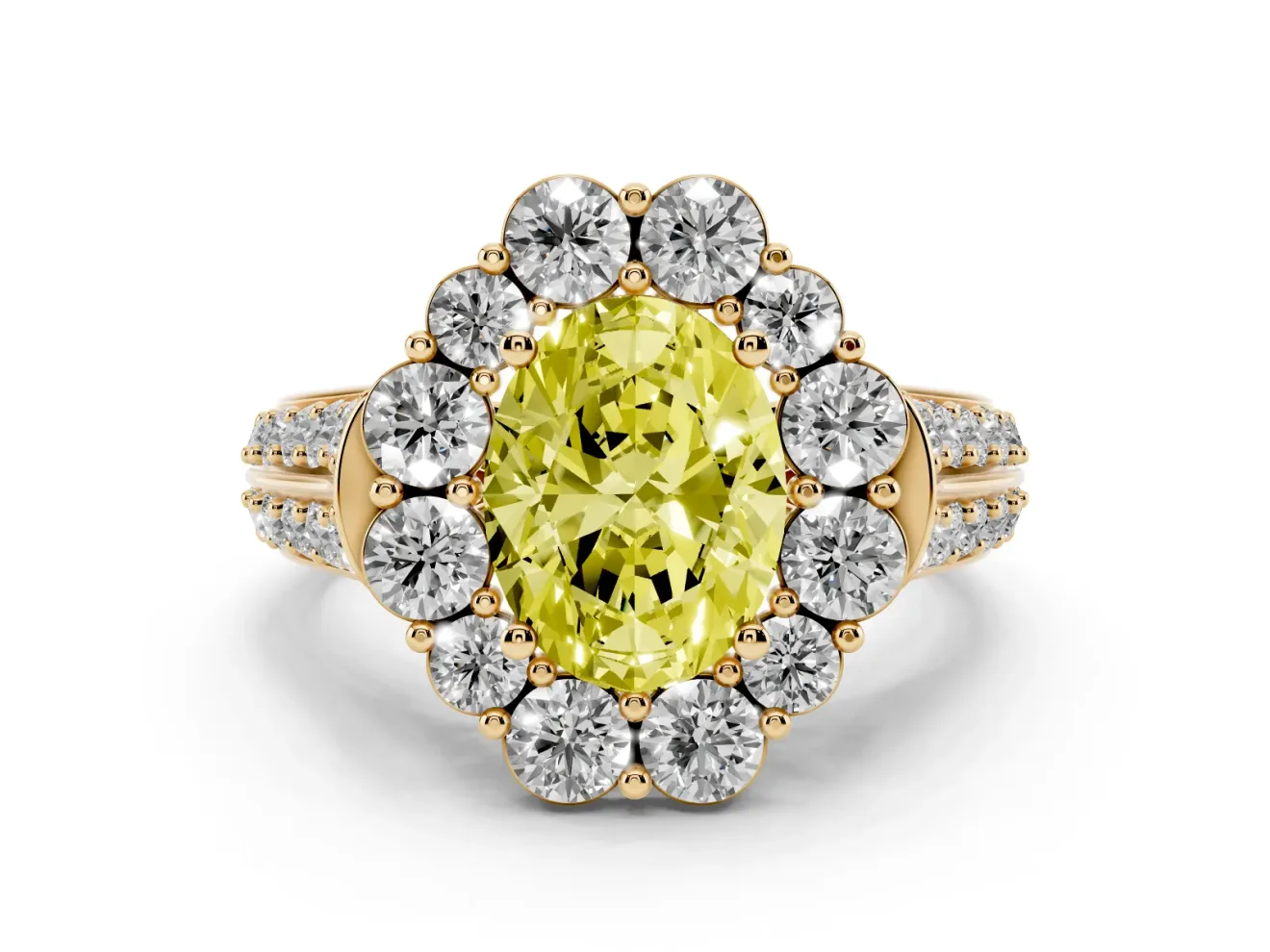 Fancy Yellow Oval Cut Diamond Halo Engagement Ring Set in Yellow gold with Split Shank and Prong Setting