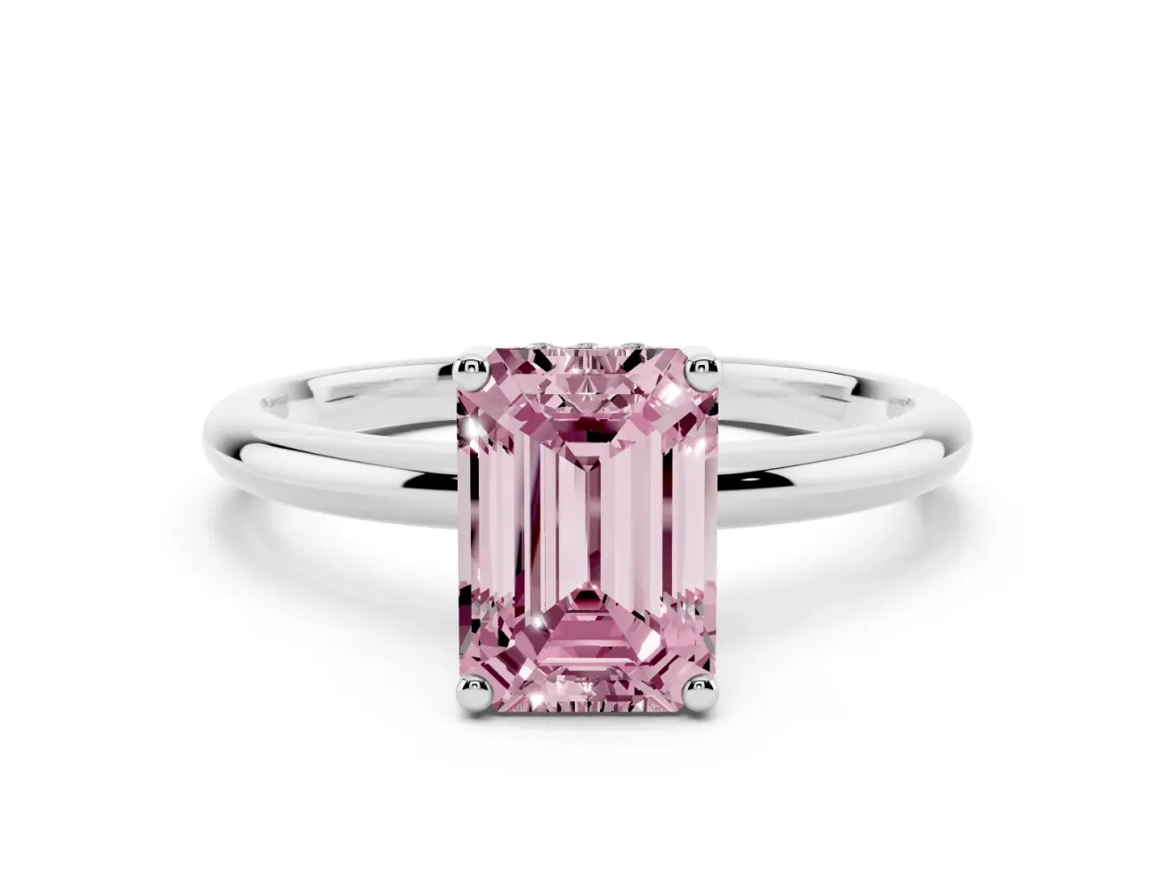 Fancy Pink Emerald Cut Diamond Solitaire Engagement Ring Set in Platinum with Prong Setting and Polished Band