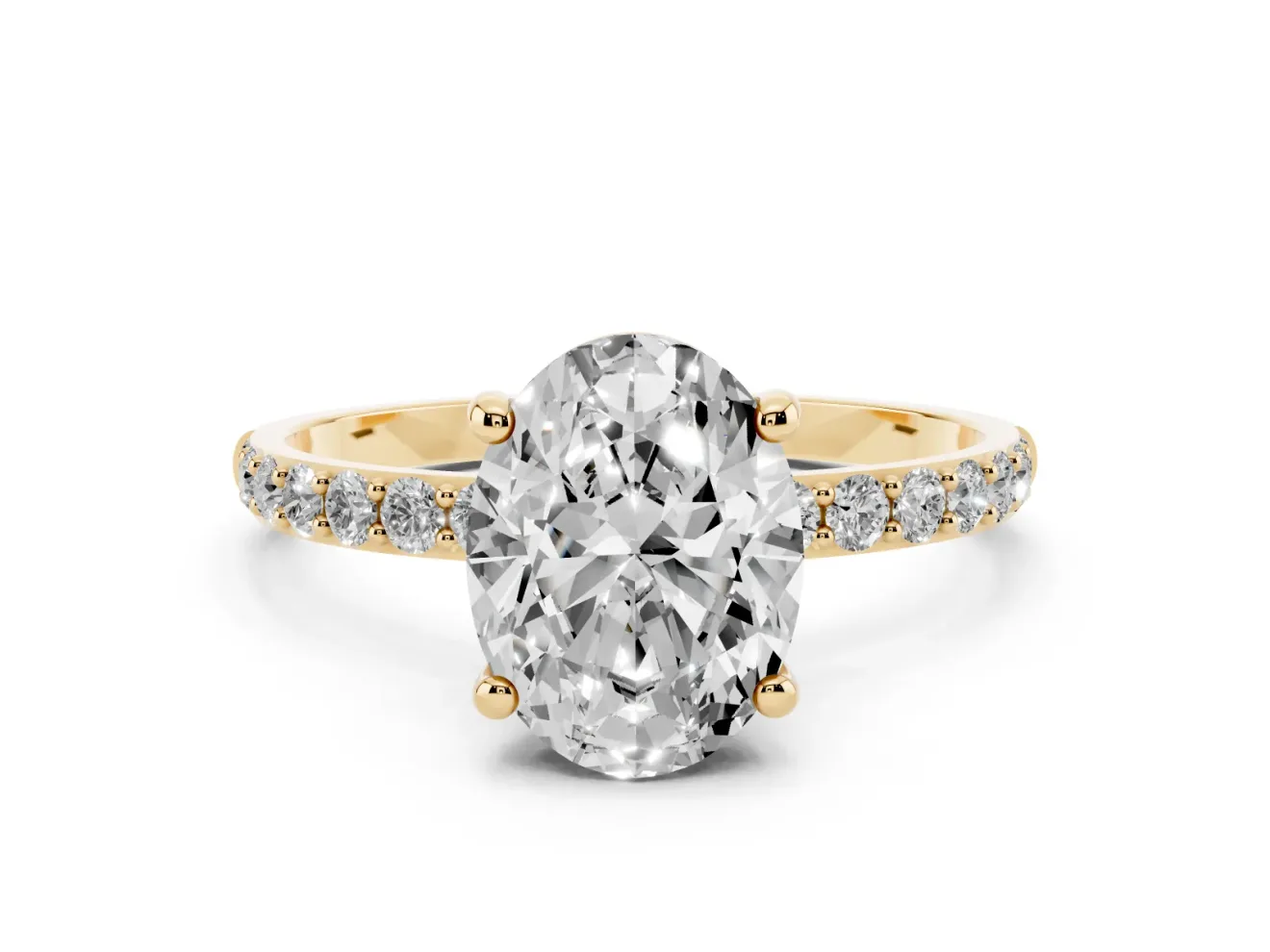 Oval Cut Diamond Solitaire Ring Set in Yellow gold with Round Pavé Band and Prong Setting