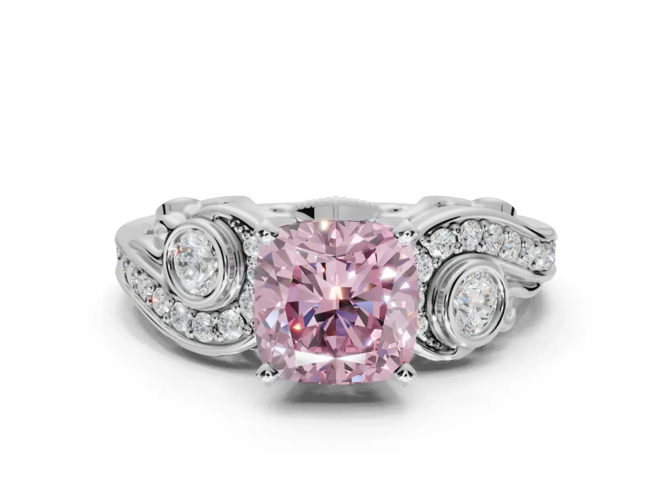 Cushion Cut Swirl Engagement Ring Setting for a Fancy Pink Lab-Grown Diamond | Platinum