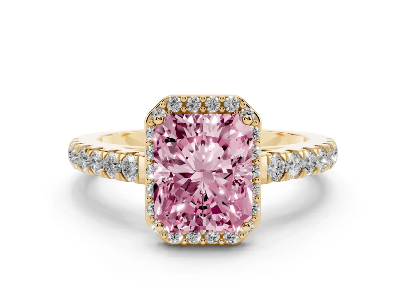 Radiant Cut Halo Pavé Engagement Ring Setting for a Fancy Pink Lab-Grown Diamond | Yellow Gold
