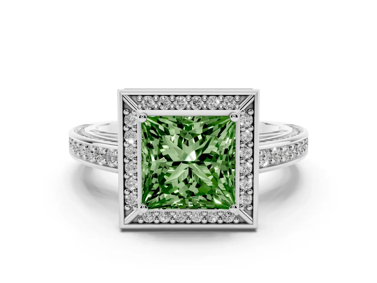 Fancy Green Princess Cut Diamond Halo Pavé Split Shank Ring Set in White gold with Prong Setting