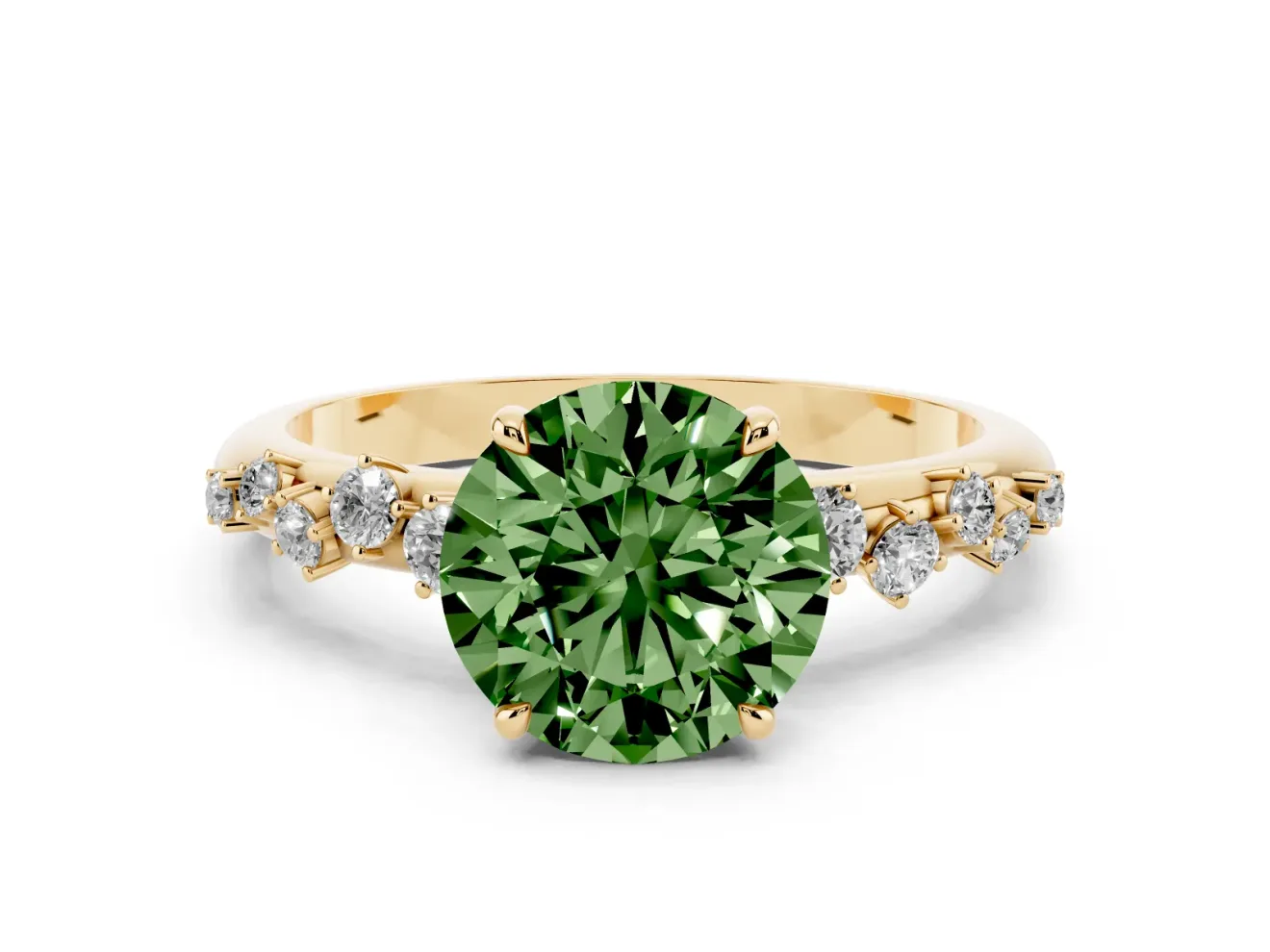 Fancy Green Round Cut Diamond Cluster Solitaire Ring Set in Yellow gold with Prong Setting