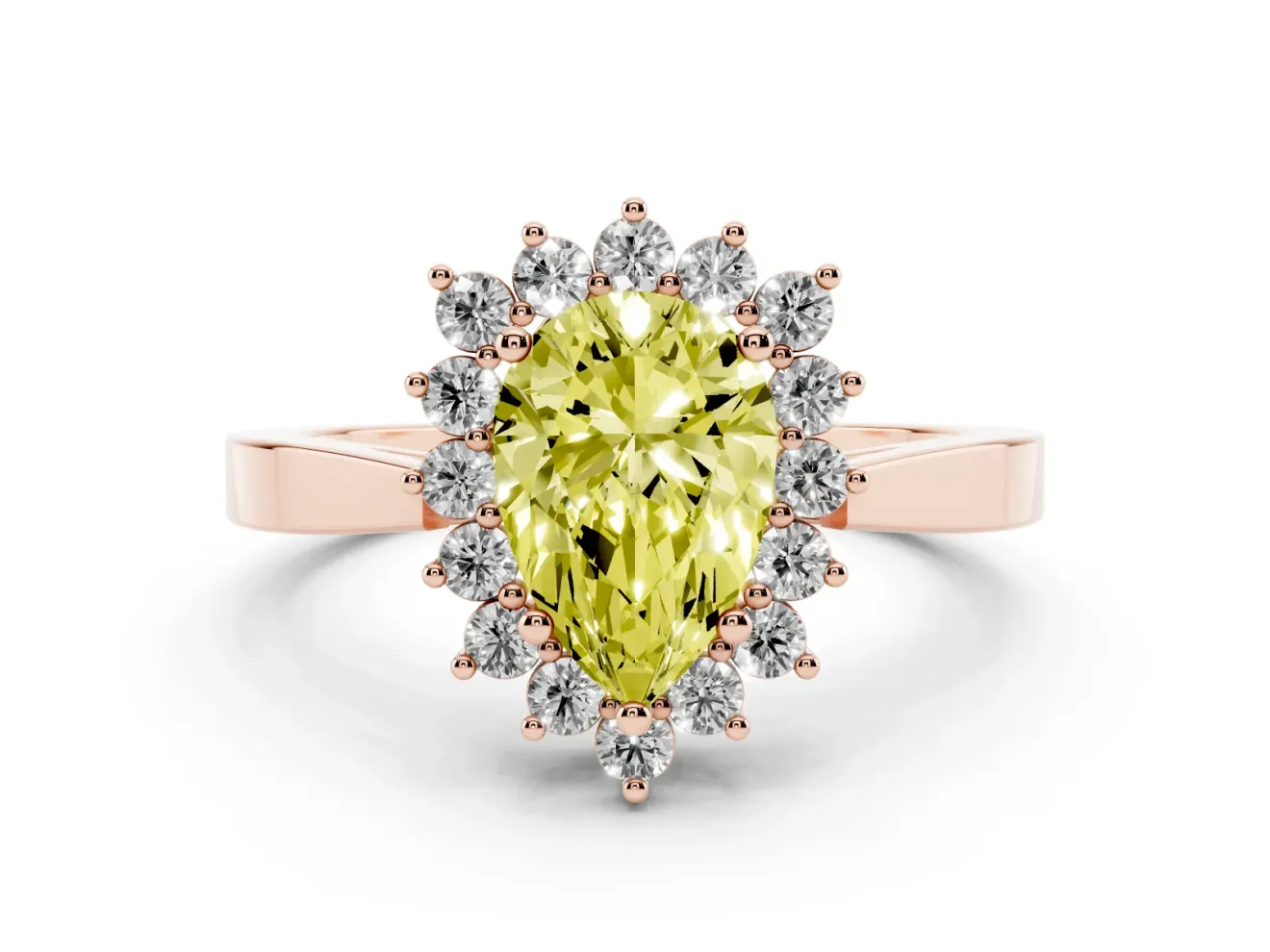 Fancy Yellow Pear Cut Diamond Halo Ring Set in Rose gold with Round Halo and Smooth Solitaire Band