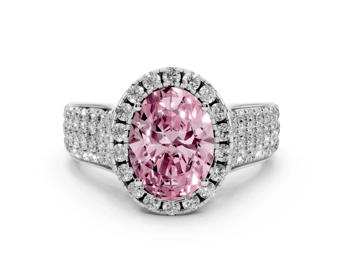 Fancy Pink Oval Cut Diamond Halo Ring Set in Silver with Pavé Band and Raised Center Setting