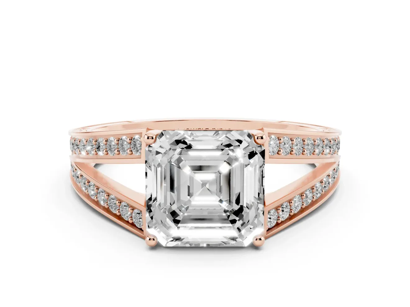 Asscher Cut Split Shank Pavé Engagement Ring Setting | Engraved Leaf Sides | Rose Gold