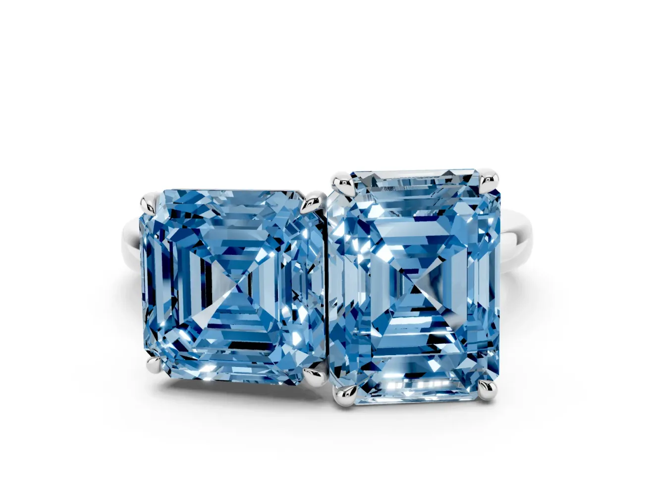 Fancy Blue Asscher Cut and Emerald Cut Toi Moi Ring Set in White gold with Prong Setting