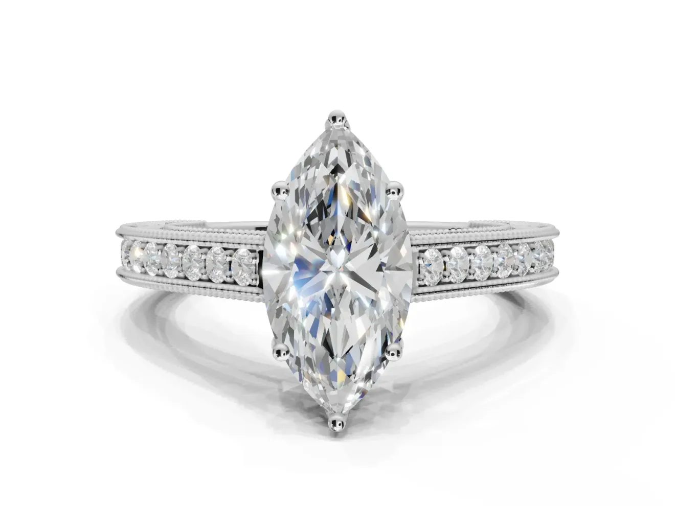 Marquise Vintage Engraved Pavé Engagement Ring Setting | Milgrain Edges | White Gold