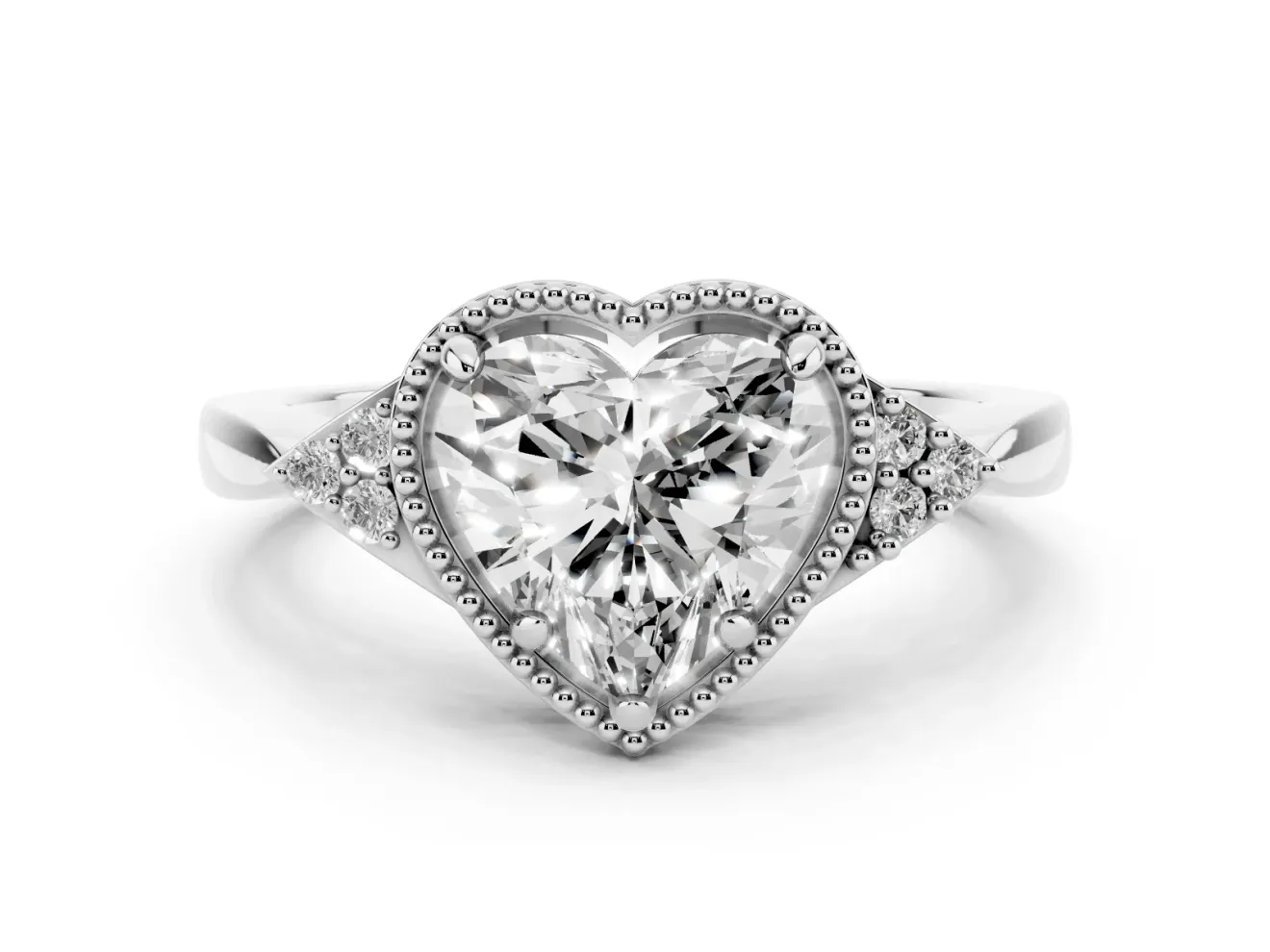 Heart Cut Diamond Milgrain Solitaire Ring Set in Platinum with Tapered Pavé Band and Prong Setting