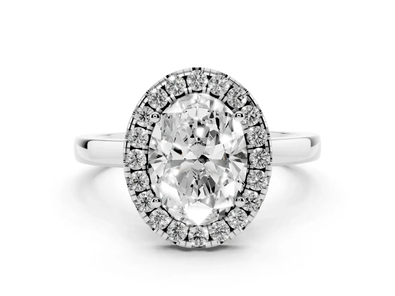 Oval Cut Diamond Halo Solitaire Ring Set in Silver with Pavé Band and Prong Setting