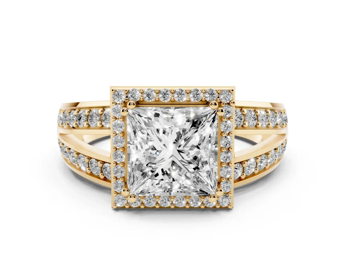 Princess Cut Halo Engagement Ring Setting | Two-Row Pave Split Shank | Yellow Gold