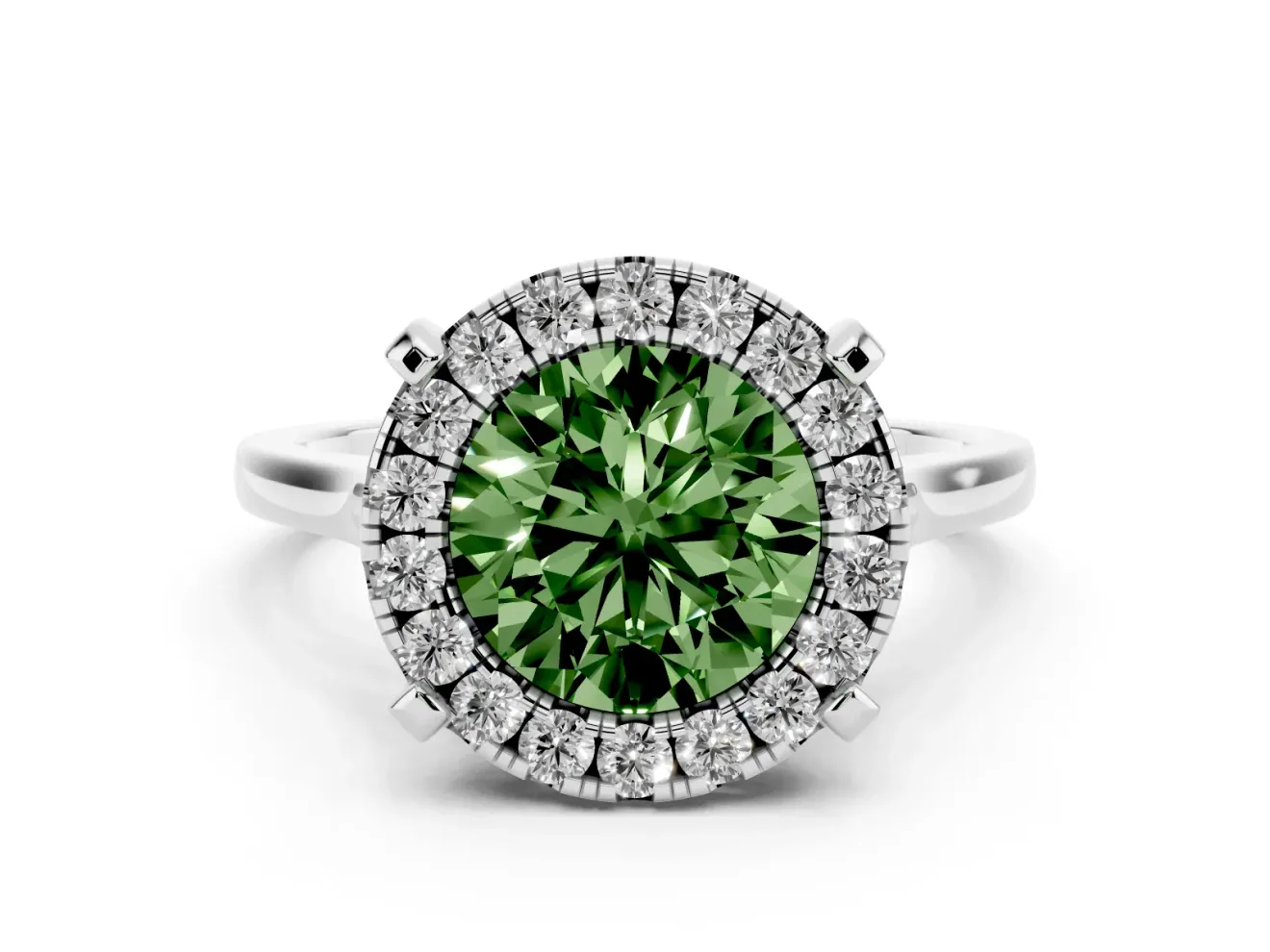 Round Halo Engagement Ring Setting for a Fancy Green Lab-Grown Diamond | Claw Corners | White Gold