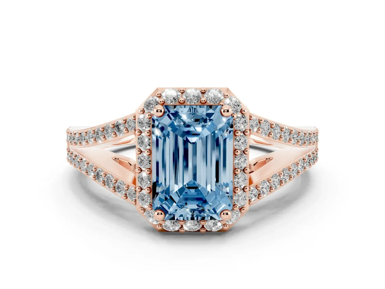Emerald Cut Split Shank Halo Engagement Ring Setting for a Fancy Blue Lab-Grown Diamond | Rose Gold