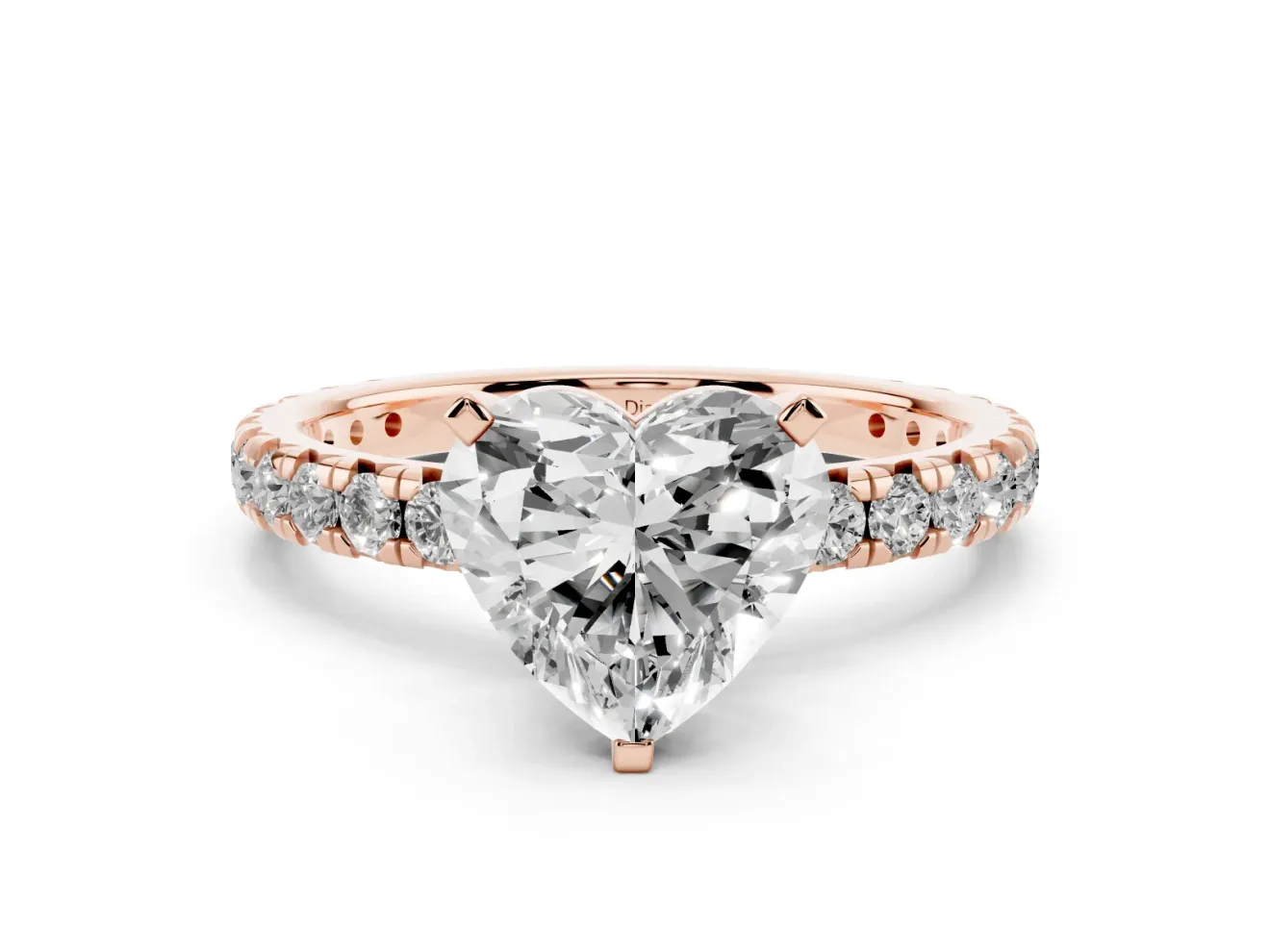 Heart Cut Diamond Pavé Solitaire Ring Set in Rose gold with Round Band and Prong Setting