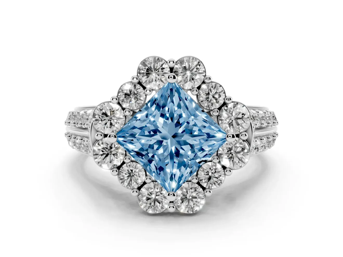 Fancy Blue Princess Cut Diamond Halo Engagement Ring Set in Platinum with Split Shank and Prong Setting