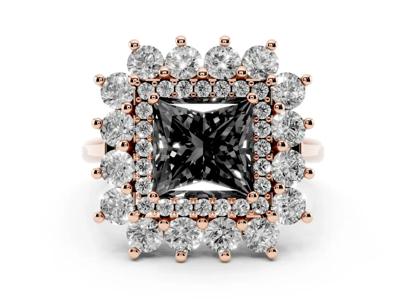 Princess Cut Floral Double Halo Engagement Ring Setting for a Black Center | Plain Band | Rose Gold